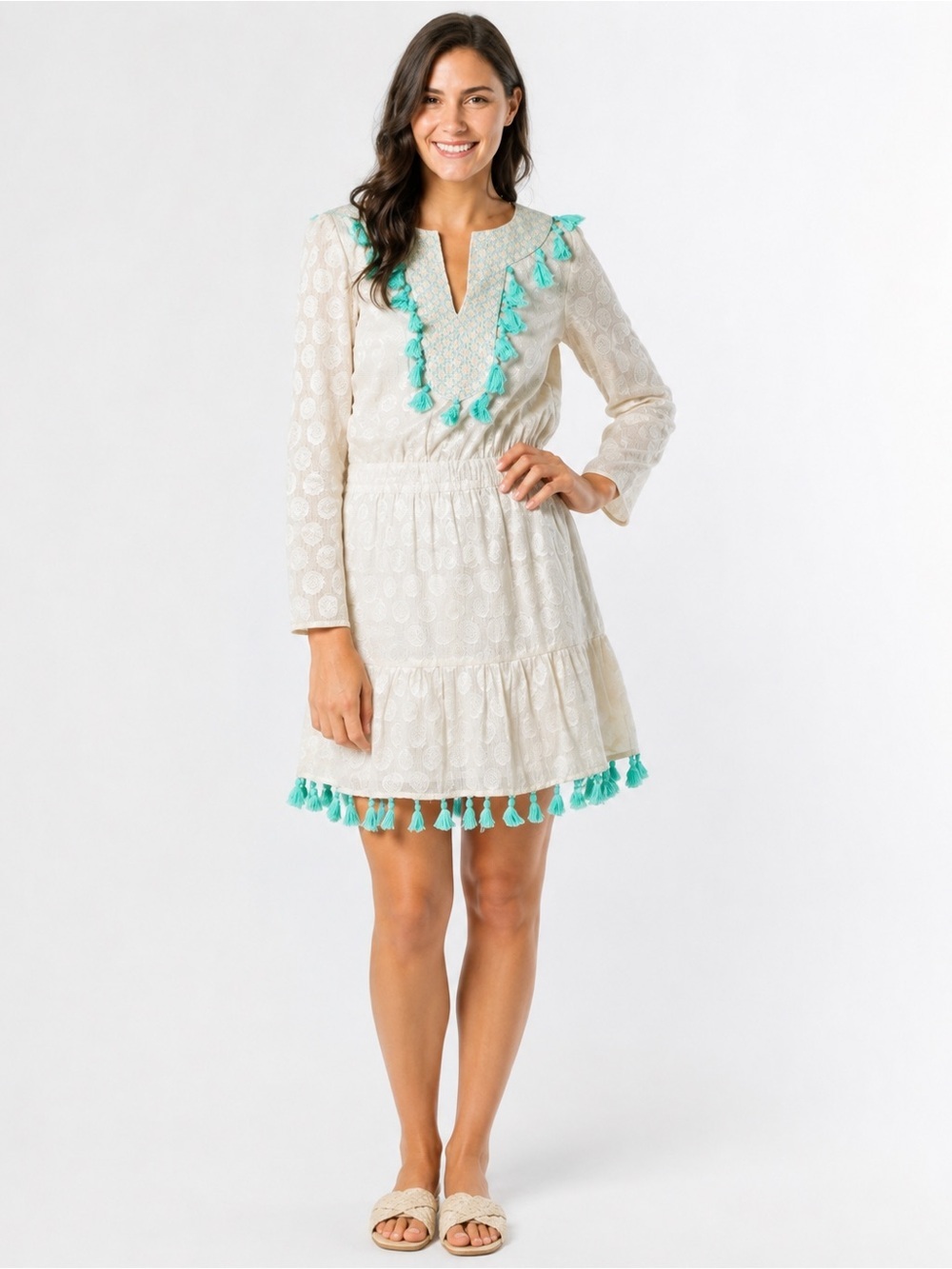 Sail to Sable NWT Jacquard Tassel Resort Dress XL Aqua Cream Lurex